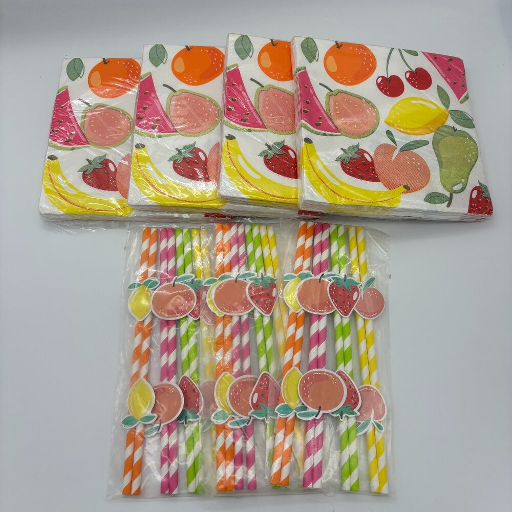 Fruit Print Napkins Straws, Summer BBQ Party Decorations Supplies NEW